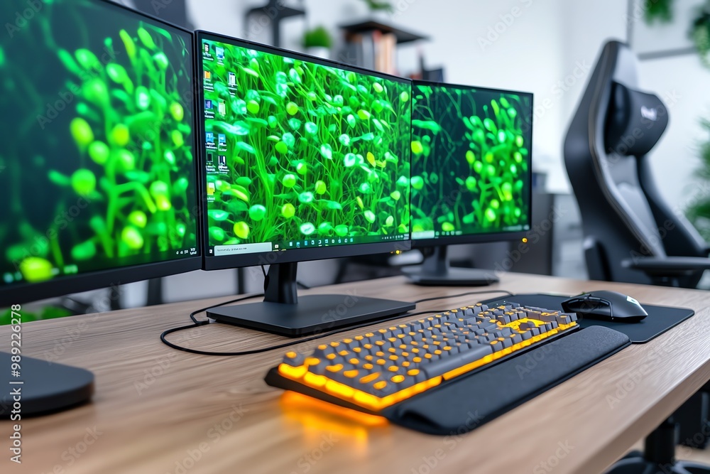 Poster A close-up of a desktop computer setup, with dual monitors, a keyboard, and an ergonomic chair in the background