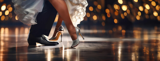 Couple dancing, their feet in focus on a polished dance floor, with warm bokeh lighting in the background. World tango championship.
