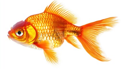 Fototapeta premium A single goldfish with orange and red scales swimming to the right on a white background.