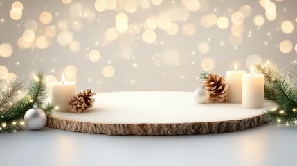 A charming rustic Christmas backdrop with wooden logs, softly lit candles, and festive pine garlands, creating a cozy and inviting holiday atmosphere.