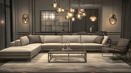 A sophisticated and contemporary living room featuring a spacious L shaped sectional sleek metal and glass coffee table and elegant statement lighting fixtures creating a chic and stylish ambiance