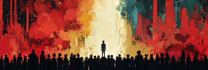 Fototapeta premium Silhouettes of people stand before a bright light, symbolizing hope and a new beginning.