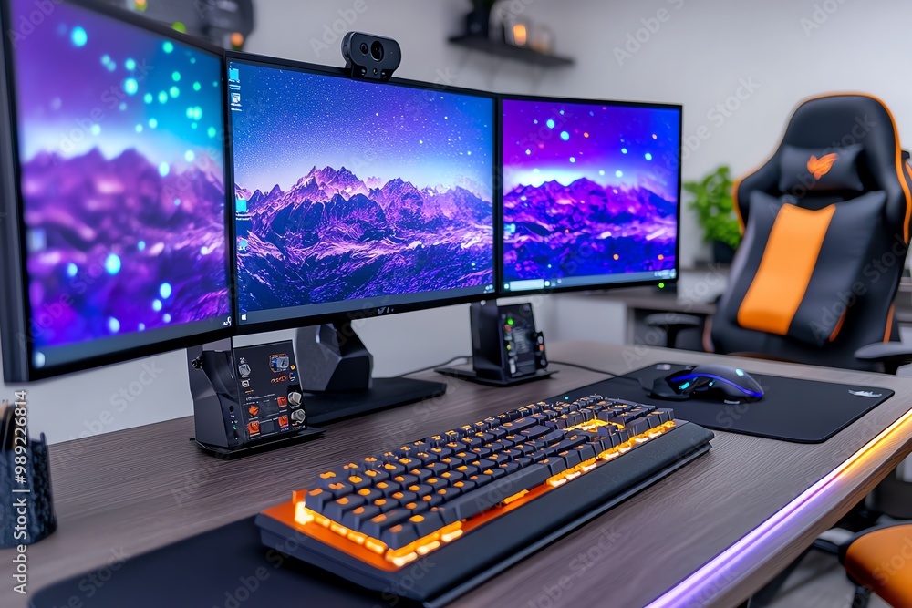 Poster A close-up of a desktop computer setup, with dual monitors, a keyboard, and an ergonomic chair in the background