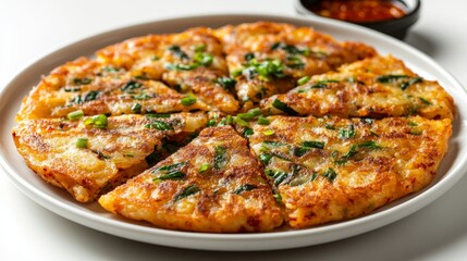 Front view of Kimchi Jeon with pan-fried Korean kimchi pancakes isolated on a white background
