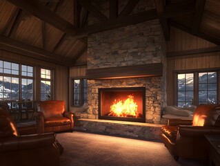 Cozy rustic fireplace with stone hearth and wooden beams in a warm and inviting cabin interior with panoramic mountain landscape view through large windows