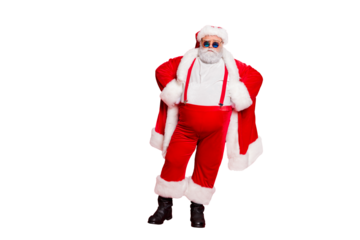 Full length photo of strict santa claus bad guy fat overweight with big belly decide choose naughty kids have stylish eyewear hat standing isolated over red background