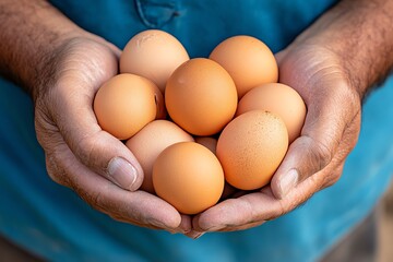 A close-up of a farmerâ€™s hands cradling fresh eggs, just collected from free-range chickens on the farm