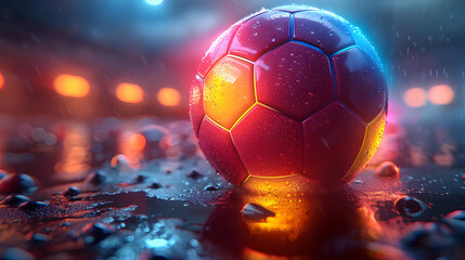 Wet Soccer Ball in Neon Lights 3D Illustration