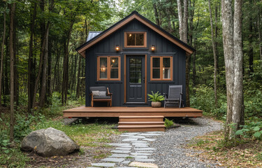 a tiny house on wheels, front view, set against a forest background. A stone path leads to the door, and a wooden deck with a seating area is visible