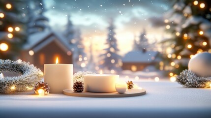 A cozy holiday atmosphere with candles, wreaths, and soft glowing lights in a snowy background, perfect for capturing the warmth of the season.