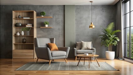 Modern living room featuring two armchairs, a coffee table, and a minimalist bookshelf