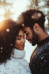 black couple wearing modern warm winter clothes snowing, snowy winter forest in the background