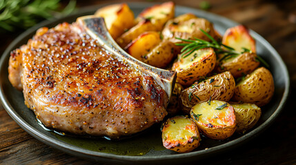 Oven-baked pork chops with roasted potatoes