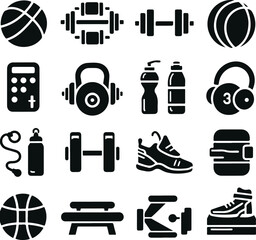 Fitness Element Icon Set Vector Illustration Design Silhouette Style On Solid White Background