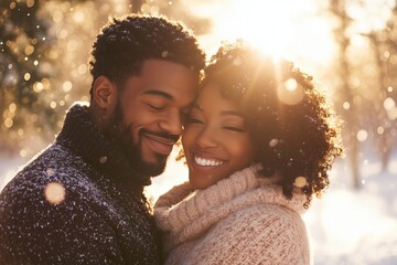 black couple wearing modern warm winter clothes snowing, snowy winter forest in the background