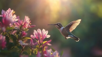 Fototapeta premium Hummingbird Feeding on Beautiful Flowers