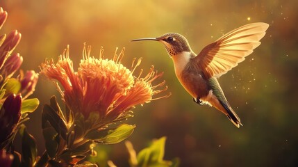 Naklejka premium Vibrant Hummingbird Visiting a Colorful Flower