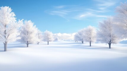 Fototapeta premium A peaceful white winter scene with thick, fluffy snow covering the ground, trees, and sky, creating a soft and tranquil atmosphere.