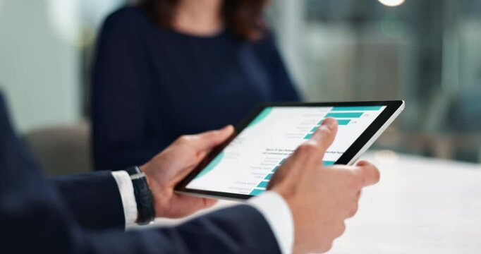 Business people, hands and tablet screen for graphic, meeting or discussion in office. Businessman, tech and proposal for communication, project budget and teamwork with collaboration or b2b goal