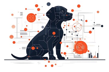 Pet care card highlighting advancements AIpowered pet wellness coaching offering sleek design large blank space on the lower left for writing surrounded by abstract coaching and wellness program icons