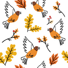 Autumn flying birds with colorful seamless pattern