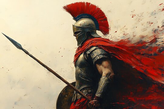 illustration of spartan king holding spear and shield with grunge background. Spartan soldier illustration with helmet and battlefield in background