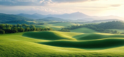 Fototapeta premium Rolling green hills at sunrise in a beautiful landscape.