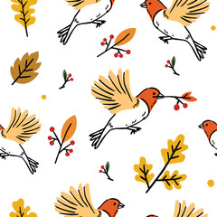 Autumn bird and branch with fall leaves seamless pattern