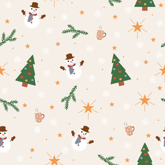 Seamless Christmas pattern with snowman and fir tree. Vector illustration. Festive background for paper, gift wrap, textile, card,  wallpaper.