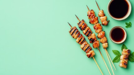 Grilled skewers with dipping sauce on a mint green background.