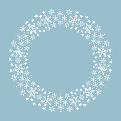 Fototapeta premium Round frame made of snowflakes isolated on a pastel blue background. White snowflakes and small stars. Vector illustration, design element.