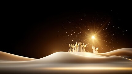 A serene religious Christmas background featuring a choir of angels illuminated by soft golden light, singing under a bright star in a peaceful sky.