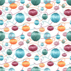 Happy Diwali festival of lights seamless pattern. Intertwining ribbons and floating multicolored Asian lantern watercolor illustration. Ornate for festive designs and celebrations