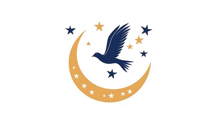 Fototapeta premium Majestic Bird Logo Design with Crescent Moon and Stars - Vector Illustration on White Background