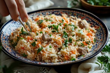Female hands serving a delicious uzbek pilaf in a beautiful plate