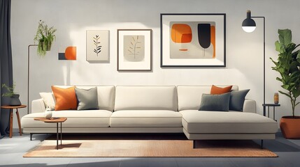Cozy and Inviting Modern Living Room with Comfortable Sectional Sofa Minimalist Decor Accent Pieces Mid Century Modern Furniture and Atmospheric Lighting in a Digital Collage