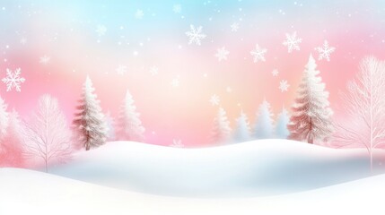 A soft watercolor winter background featuring delicate snowflakes falling over a pastel-colored snowy forest, blending artistic and natural elements.