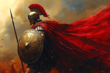 illustration of spartan king holding spear and shield with grunge background. Spartan soldier illustration with helmet and battlefield in background