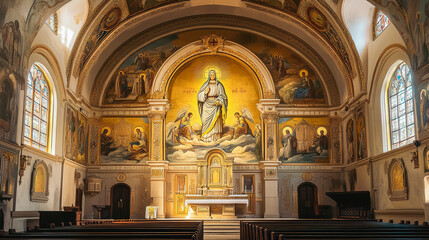 Fototapeta premium A large church with a gold ceiling and a painting of Jesus Christ on the wall