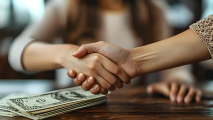 Business Deal Handshake Over Stack of Money