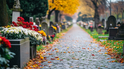 A cemetery with a path lined with flowers and leaves