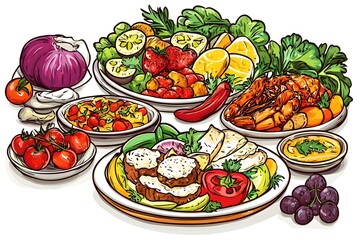 Colorful Food Illustration  Delicious Dishes with Fruits  Vegetables  and Seafood