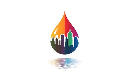 Obraz premium Urban Raindrop Logo Design with City Skyline on White Background - Vector Illustration in Minimalist Style