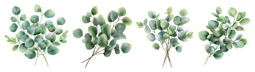 Fototapeta premium Watercolor bouquets of green eucalyptus png. Floral illustrations - green branches collection for wedding, greetings, background and other designs. Eucalyptus green leaves png.
