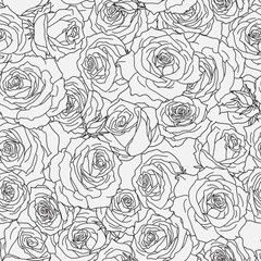 Seamless pattern with hand drawn rose flowers. Vector floral background. Summer botanical sketch illustration. Monochrome design ideal for print, fabric, wrapping paper