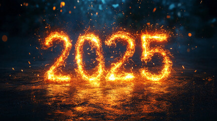 A vibrant display of the year 2025 created with fiery sparks against a dark background, symbolizing celebration and anticipation for the new year.