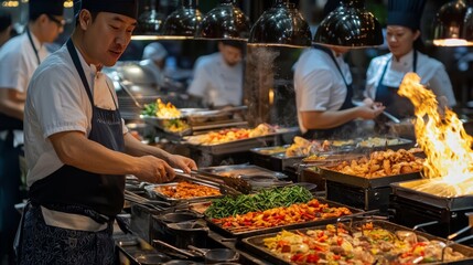 A bustling buffet with live cooking stations offering pasta, stir-fry, and grilled meats, chefs preparing food in front of guests with flames from the grill