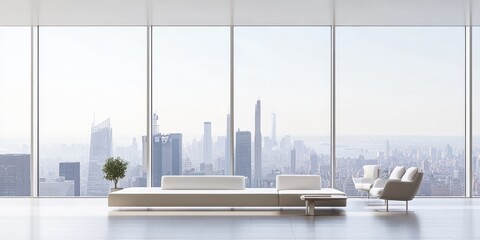 Interior of a modern room with a panoramic city view 