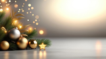 Fototapeta premium A warm Christmas scene with green pine branches, gold stars, and golden baubles, all glowing under the soft light of twinkling Christmas lights.