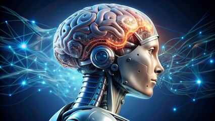 Android with a visible brain is processing data through a network of connections